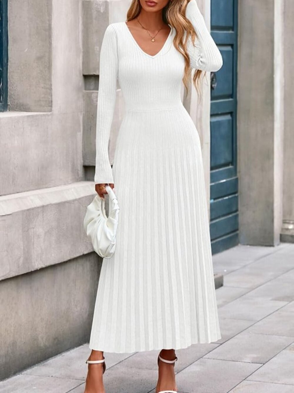 🤍 NWOT White Ribbed Knit Pleated Maxi Dress Long Sleeve V-Neck Size S